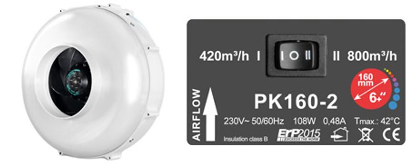 Kanalvifte ø160 mm 420/800 m³/t, Prima Klima